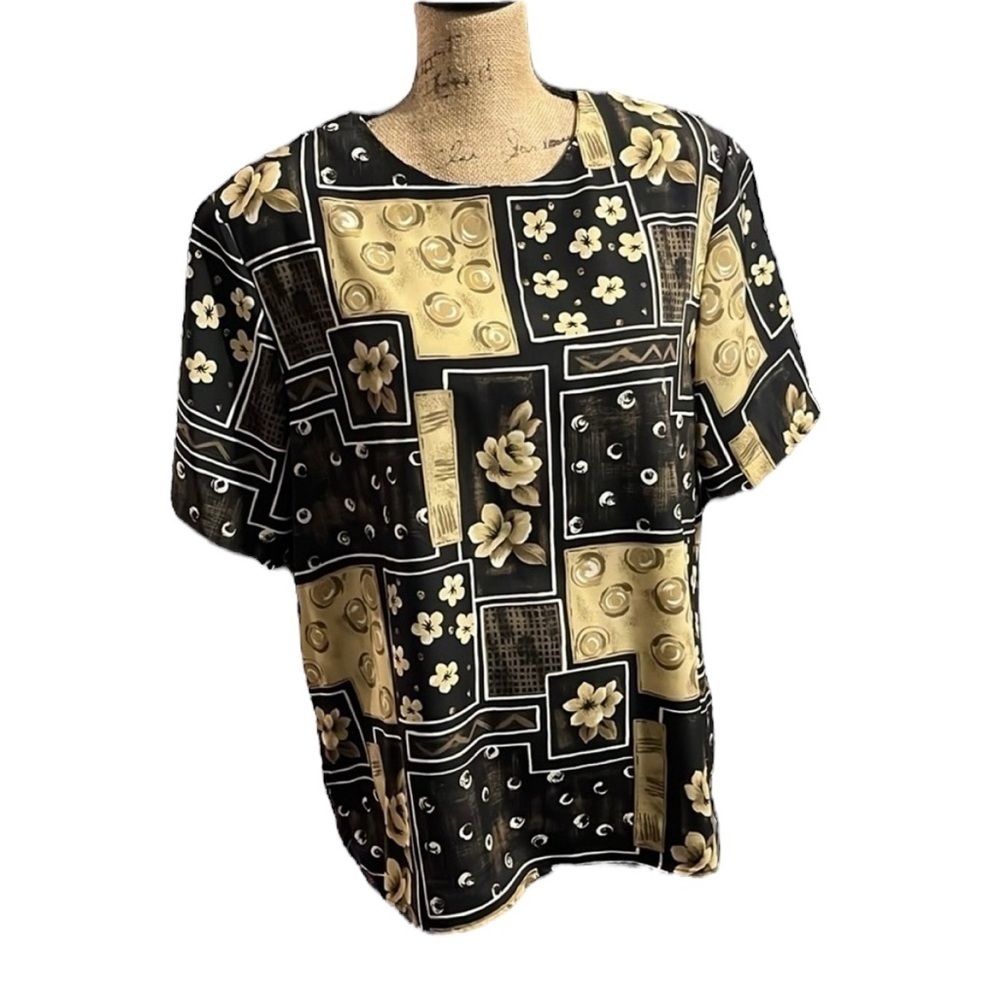 Notations black, tan and white floral blouse
